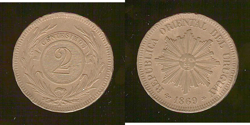 Uruguay 2 centesimos 1869A EF+